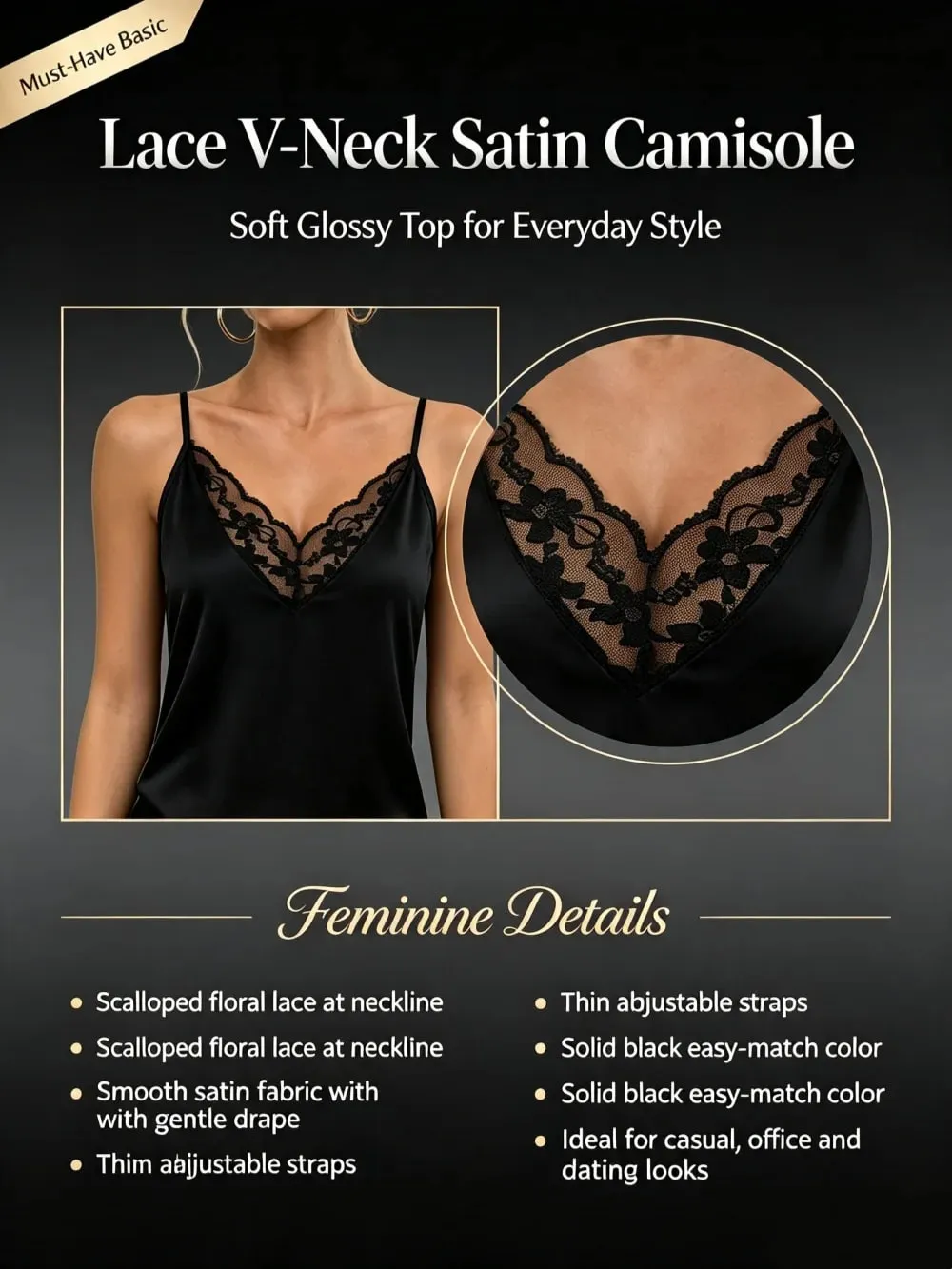 Women's V Neck Black Lace Splicing Camisole Sling Tank Top Spring Summer Sexy Casual Everyday Home Versatile Camisole Top — image 9
