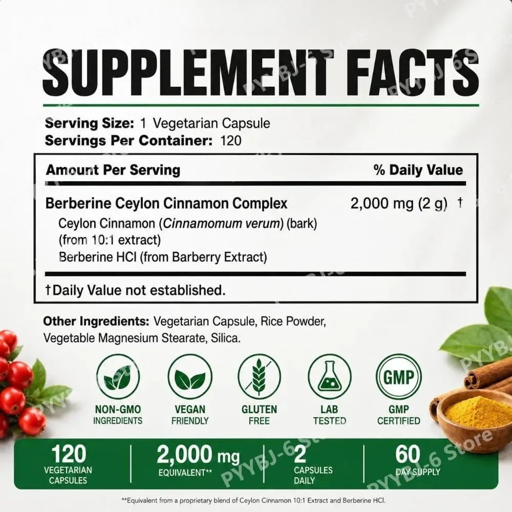Berberine Ceylon Cinnamon Complex 2000mg Vegetarian Capsules Non-GMO Gluten Free Daily Wellness Supplement for Adults 120 Count — image 3