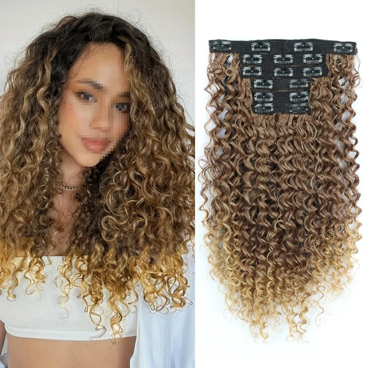 Synthetic Kinky Curly Clip On Hair Extensions Black Blonde Fluffy Kinky Curly Full Head Fake Pieces Hair Extensions For Women — image 2