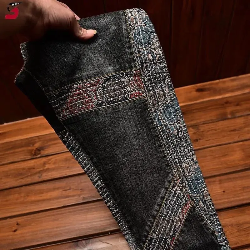 Stitching Embroidered Jeans Men's Contrast Color Fashion Stretch Slim Fit Skinny Personality Trend Fashion Motorcycle Trousers — image 4