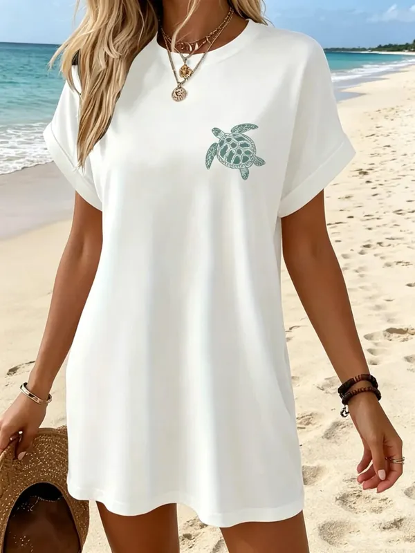 Women's Casual Elegant Green Turtle Print White Solid Color Short Sleeve Dress Short Skirt