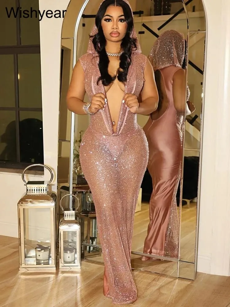 New Luxury Birthday Red Hooded Dress for Women Sexy Deep V Neck Sequins Glitter Mesh See Through Back Open Sparkly Evening Robe — image 4