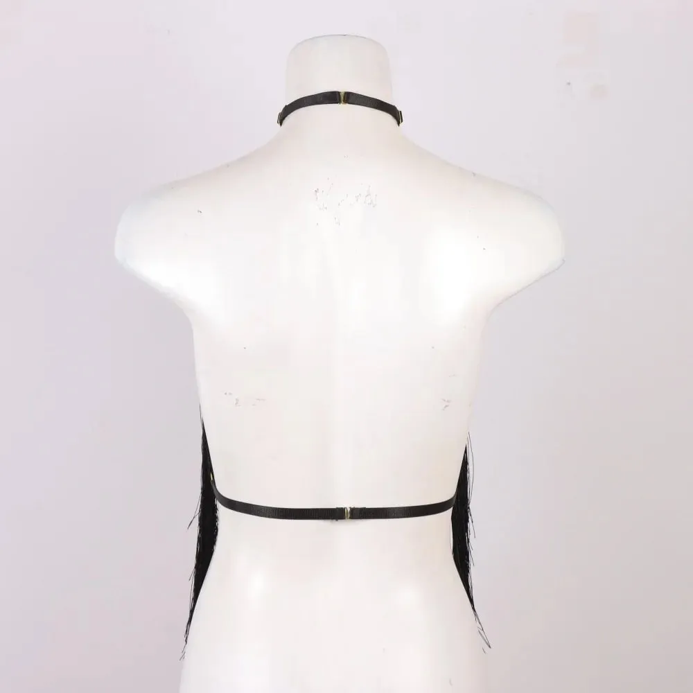 Women'S Black Tassel Halter Top-Adjustable Elastic Harness All-Season Wear Casual Attire Top Tassel Detail Top