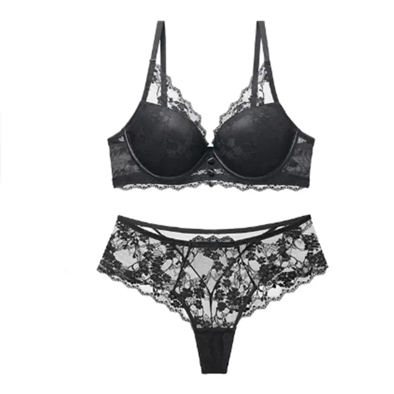 Women Midnight Whisper Floral Lace Lingerie Set Underwire Deep V Bra & Panty 2‑Pcs Delicate Front Button Intimate Underwear
