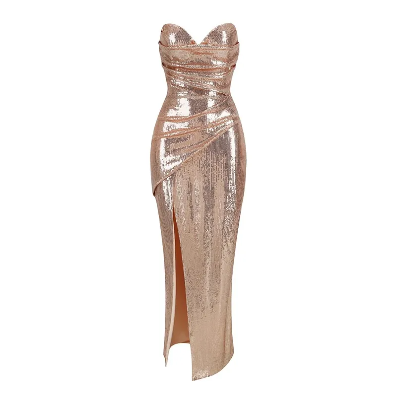 Sequined Strapless Evening Gown in Rose Color with a Thigh Slit Women's Sexy Sequin Open Back Lace Up Dress Long Style