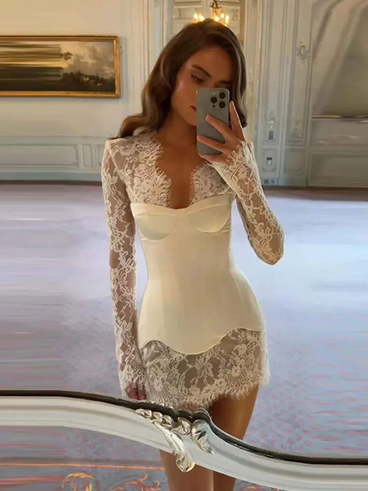 Sexy Lace Patchwork Dress Women Solid V-neck Fishbone Corset Slim Waist Long Sleeve Mini Dresses 2026 Summer Lady Party Gown — image 5