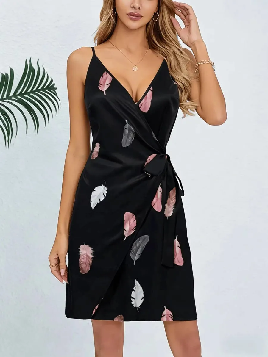 Mini Dress Spring Summer Women Black Satin Feather Print Spaghetti Strap Deep V Wrap Belted Casual Sexy Vacation Dress — image 2