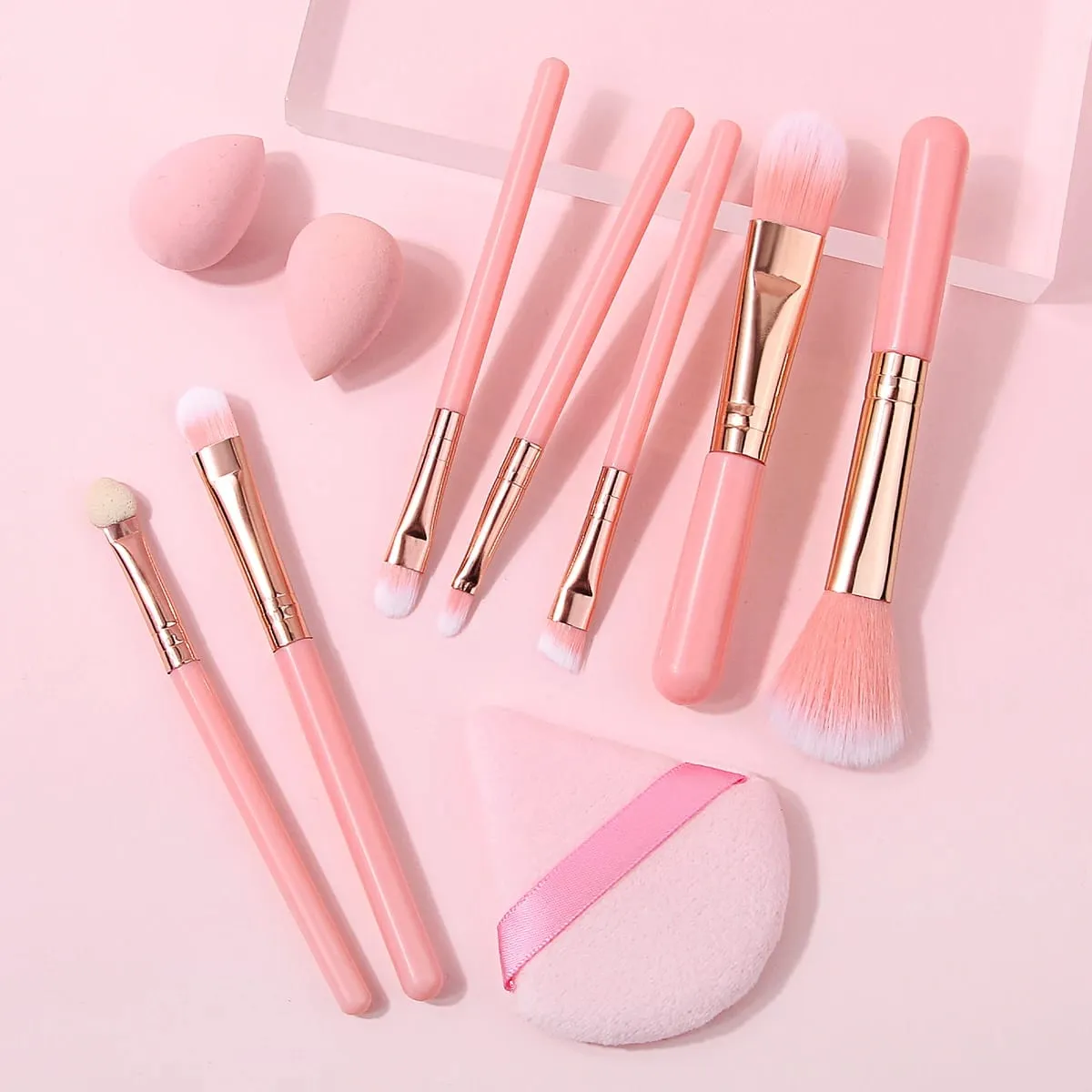 Makeup Brush Kit Soft 10pcs Synthetic Hair Make Up Brushes Foundation Blush Eyeshadow Cosmetic Tools with Powder Puff & Sponge — image 1