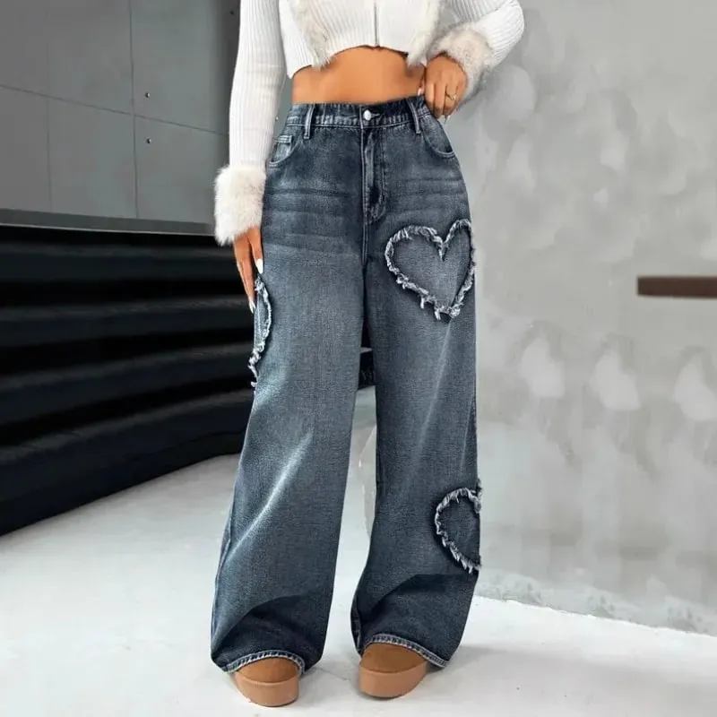 American Retro Frayed Edge Patchwork Heavy Washed Denim Jeans Unisex Street Loose Straight Wide-Leg Trousers 21095 — image 3