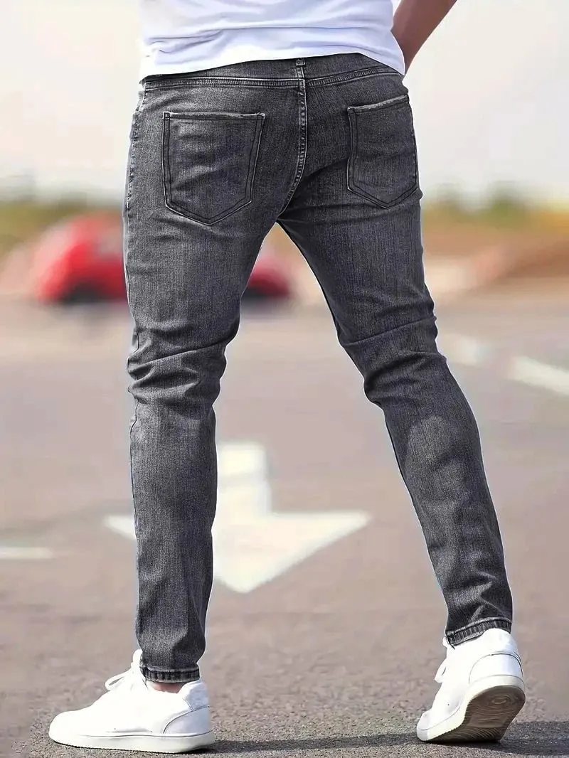 Men's American Retro Hole-Punched Stretch Slim Fit Jeans Zipper Casual Streetwear Denim Pants Classic Black Blue Skinny Trousers — image 6