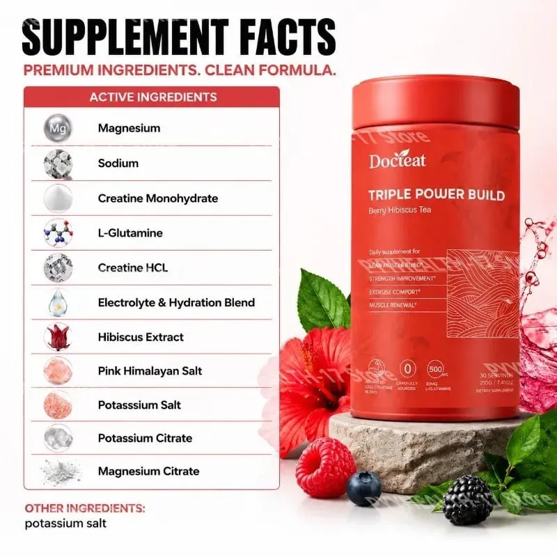 Docteat Triple Power Build Creatine Powder with Creatine HCL Creatine Monohydrate Electrolyte Hydration Blend 30 Servings