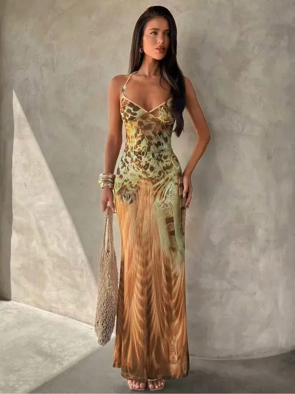 Women's Leopard Print Long Maxi Dress Halter Neck Plunge Front Tiered Ruffle Mermaid Skirt Elegant Party Cocktail Daily Gowns — image 8