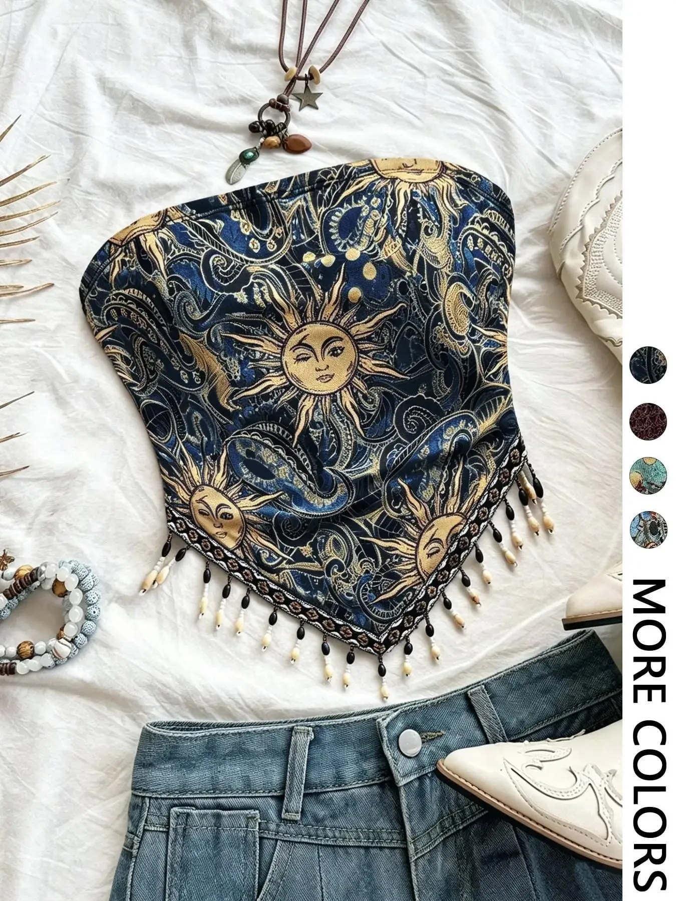 Ladies' 1pc Printed Mesh Knitted Tube Top with Triangular Hem And Beaded Fringe Trimmings — image 4
