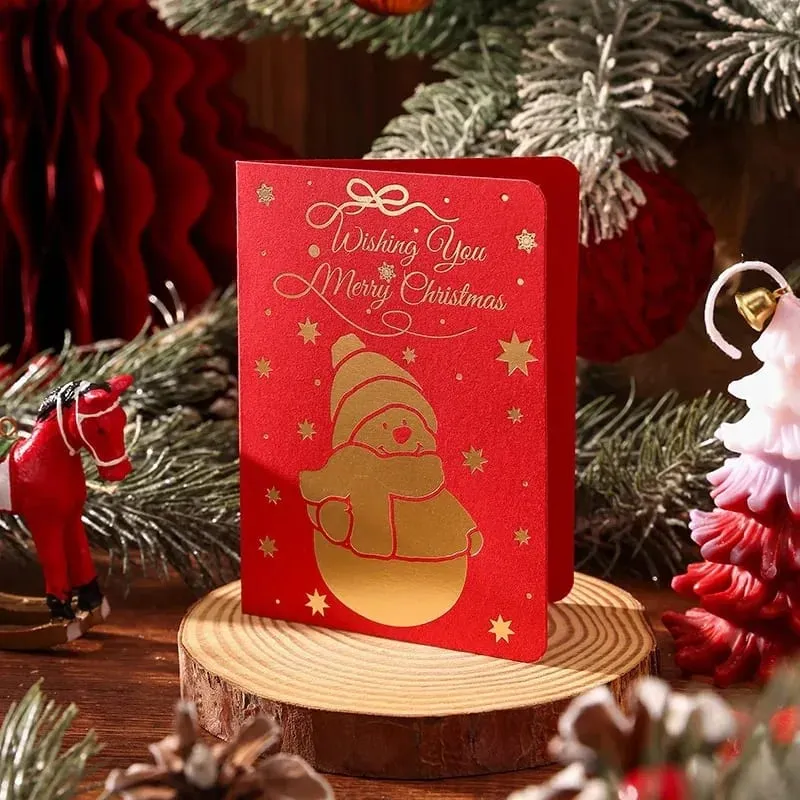 10Pcs Vintage Gold Foil Christmas Folding Greeting Cards Multi Pattern Blessing Holiday Cards New Year Postcard Gift Cards — image 11