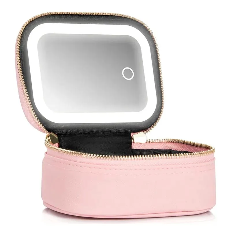 Portable Comestic Tools Storage Bag with LED Mirror Small Makeup Bag with 3 Light Modes Orangizer for Brushes and Lipstick