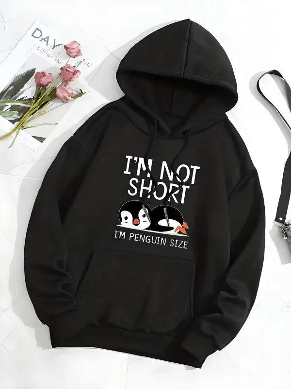 Sweatshirt mit Kapuze und süßem Print 'I' m Not Short I 'm a Penguin' Casual Hip-Hop Style Unisex Size of a Penguin Graphic Sweatshirt — image 4