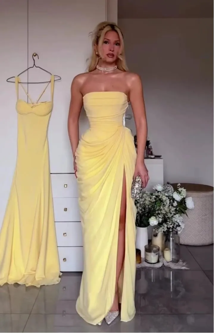 Mingmingxi 봄 여름 노란색 Strapless 맥시 드레스 Ruched 높은 슬릿 이브닝 가운 Bodycon 웨딩 게스트 파티 드레스 여성 — image 5