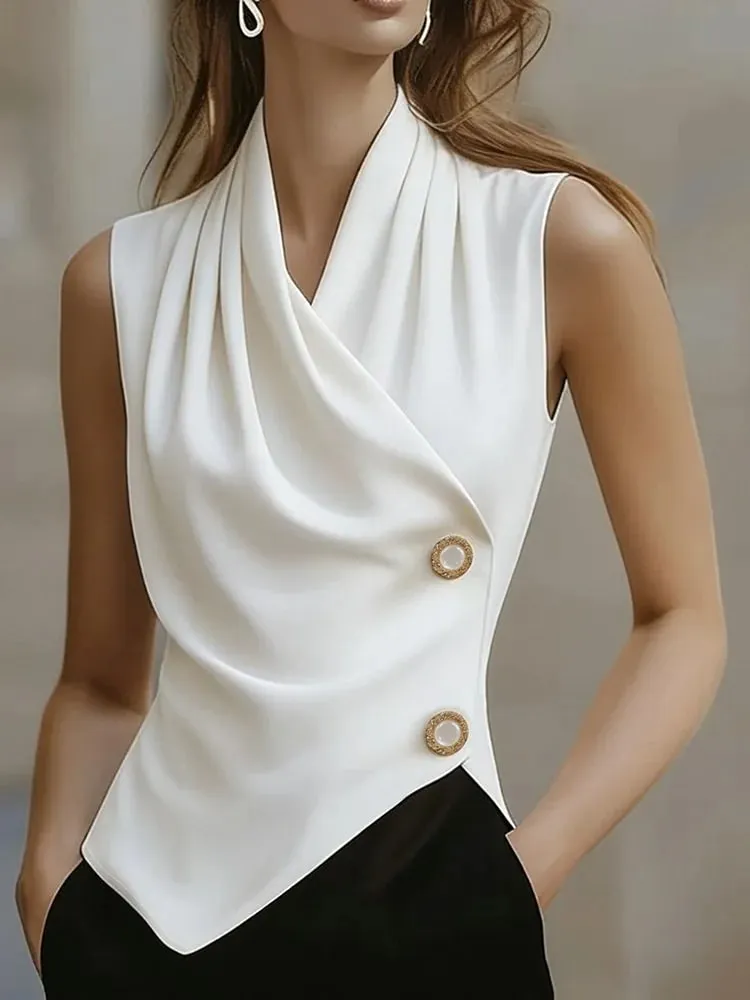 Simple and Elegant Charm High-End Feel Irregular Hem Pleated Neckline V-Neck Sleeveless Top Women's Clothing — image 2