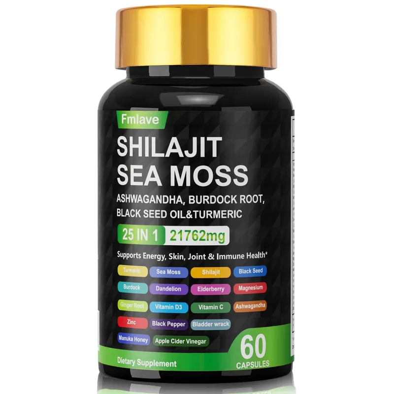 Sea Moss Shilajit Ashwagandha Sea Moss Capsule Supplement with Turmeric Burdock Root Bladderwrack Vitamin C Vitamin D3 Enhanced Immunity & Energy Black Seed Oil Capsule