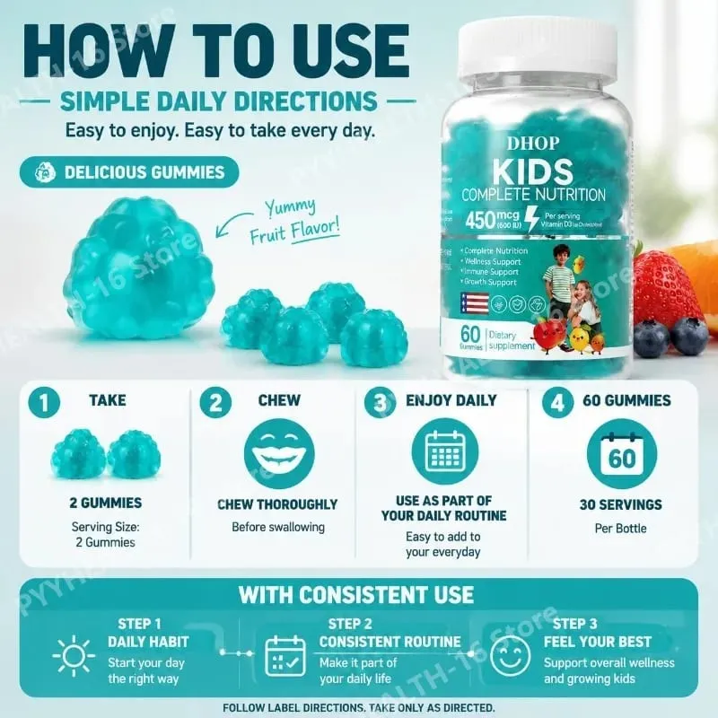 Kids Multivitamin Gummies Vitamin D3 C Zinc B Vitamins Immune Support Daily Wellness Nutrition Fruit Flavor 60 Gummies — image 7