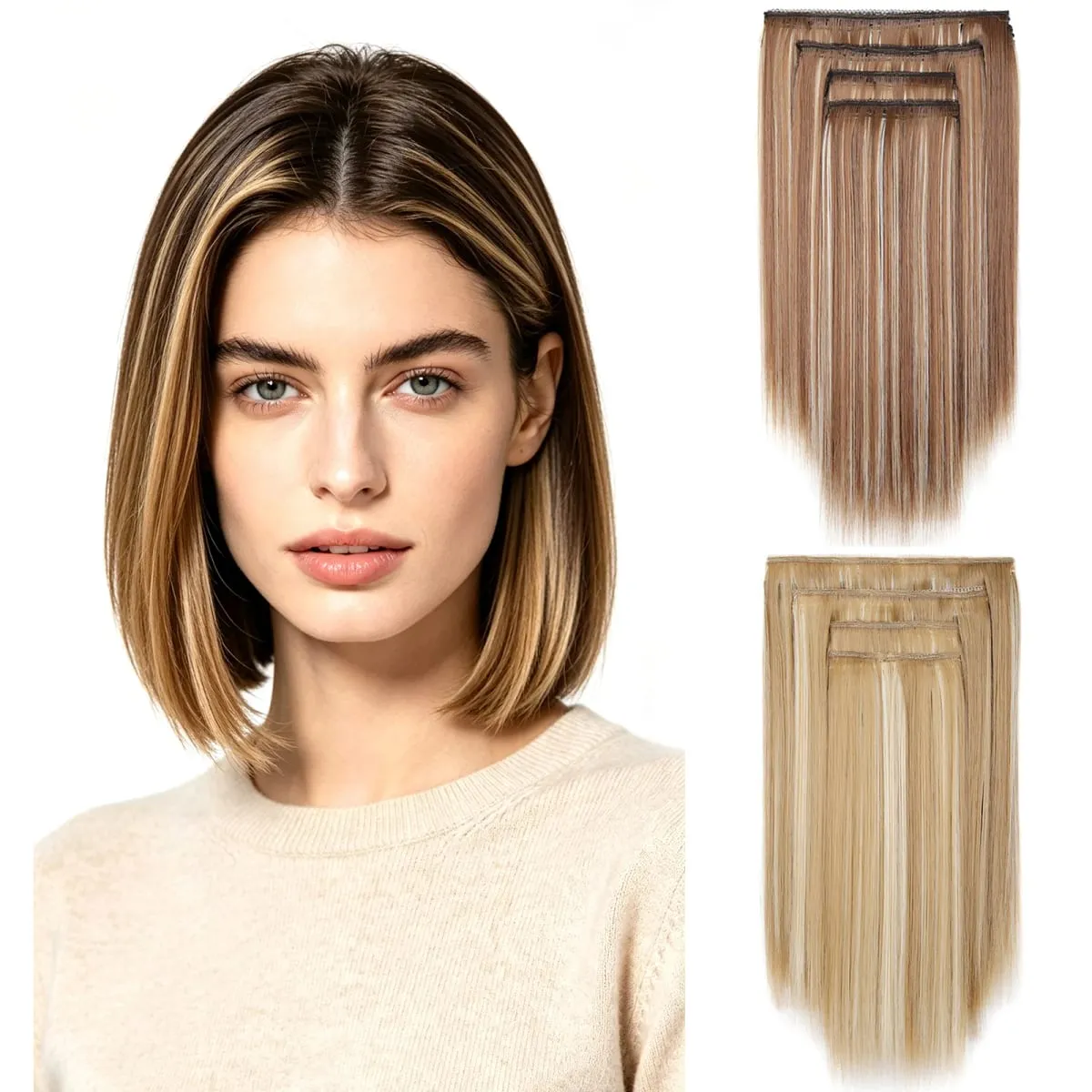 Clip In Hair Extensions 4Pcs/set Full Head 12 Inch Straight Short Synthetic Highlight Hair Extensions For Women Daily Use