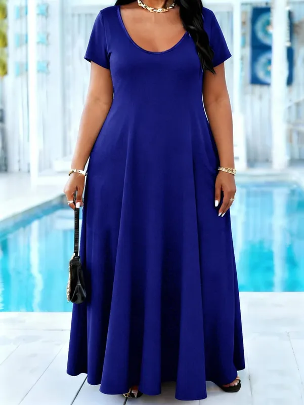 Plus Size Women's Solid Black Maxi Dress Summer Casual Short Sleeve Crew Neck A Line Flowy Long Dress With Pocket Beach dresses — image 6
