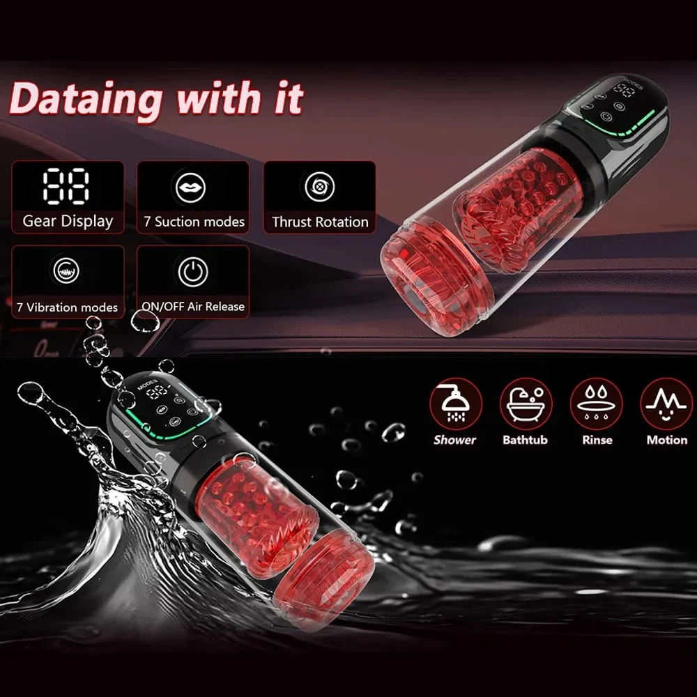 Automatic male Masturbator Pocket Cat 7 push Rotary vibration Suck Lick Stroking vacuum pump and LCD Screen Penis pump Adult toy
