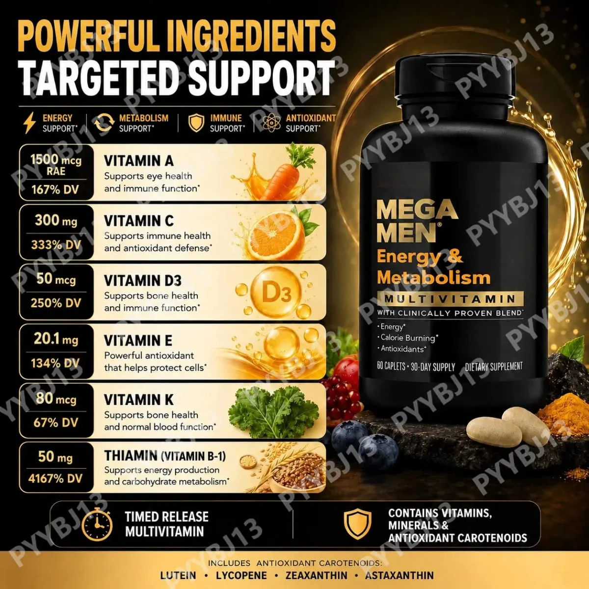 Mega Men Energy & Metabolism Multivitamin Caplets with Lutein Lycopene Zeaxanthin Antioxidants Vitamins Minerals 60 Caplets — image 4