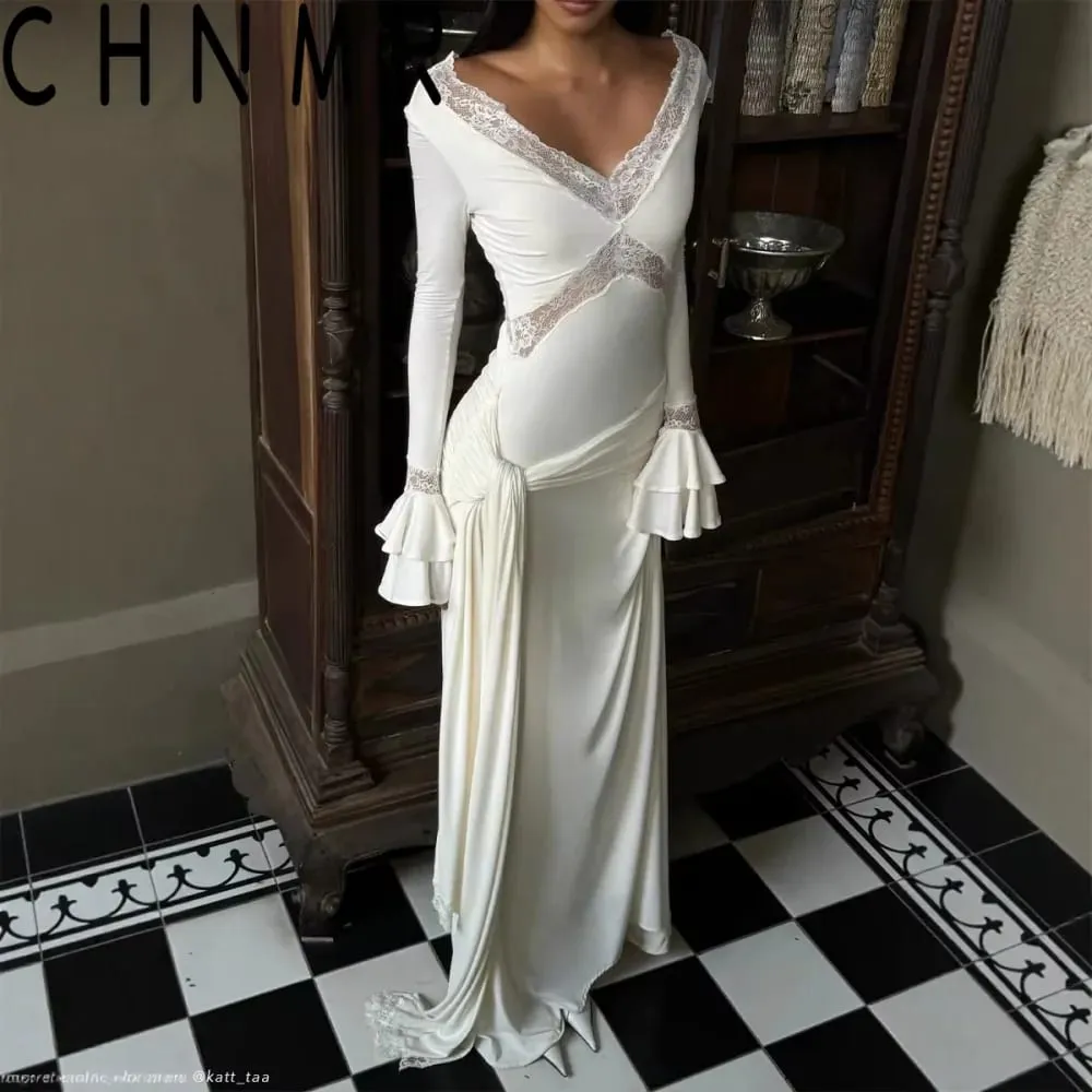 Women Elegant Long Sleeve Deep V-Neck Maxi Dress White Slim Fit Ruched Lace Patchwork High Waist Party Wedding Sexy Evening Gown