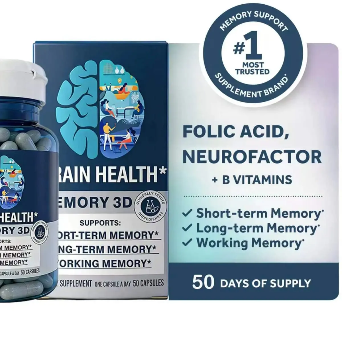 Memory 3D Brain Supplements for Memory and Focus Vitamin B12 & B6 Folic Acid 50 Count Capsules — image 5