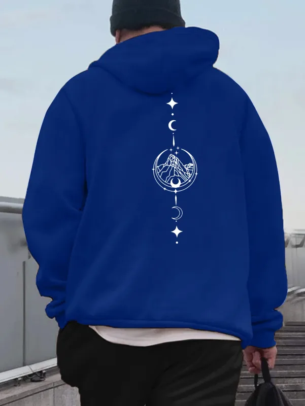 Men Celestial Mountain Back Print Hoodie Moon Star Vertical Line Art Graphic Hooded Sweatshirt Casual Outdoor Streetwear Kangaro — image 8