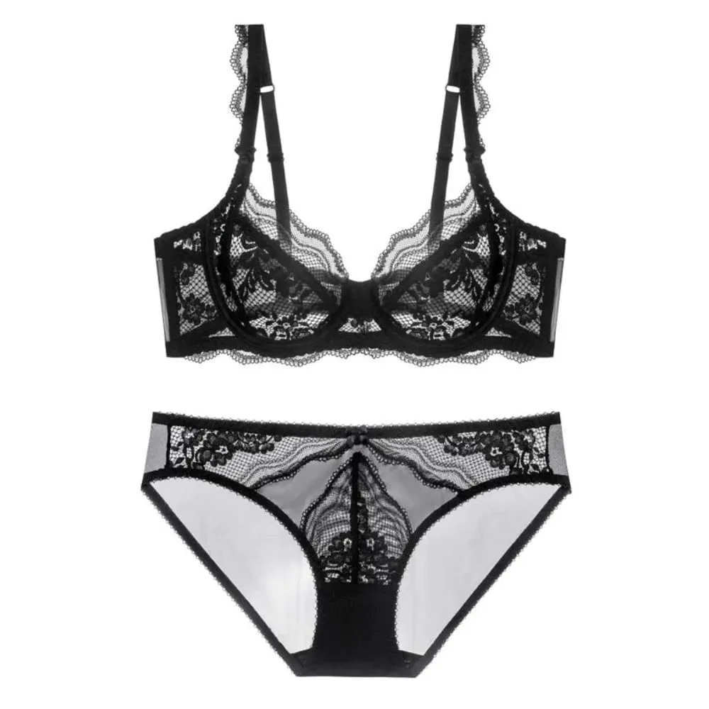 Plus Size Full Bust Minimizer Bra Set Sheer Floral Lace Thin Anti Sag Support Transparent Underwear Women Breathable Intimates — image 4