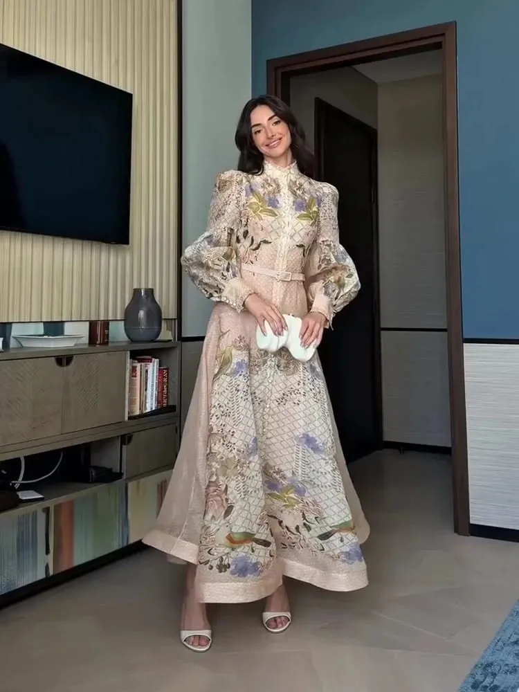 Elegant Floral Printed Women's Dress Stand Collar Full Puff Sleeve A-line Long Dresses 2026 Summer Vacation Party Lady Robes — image 5