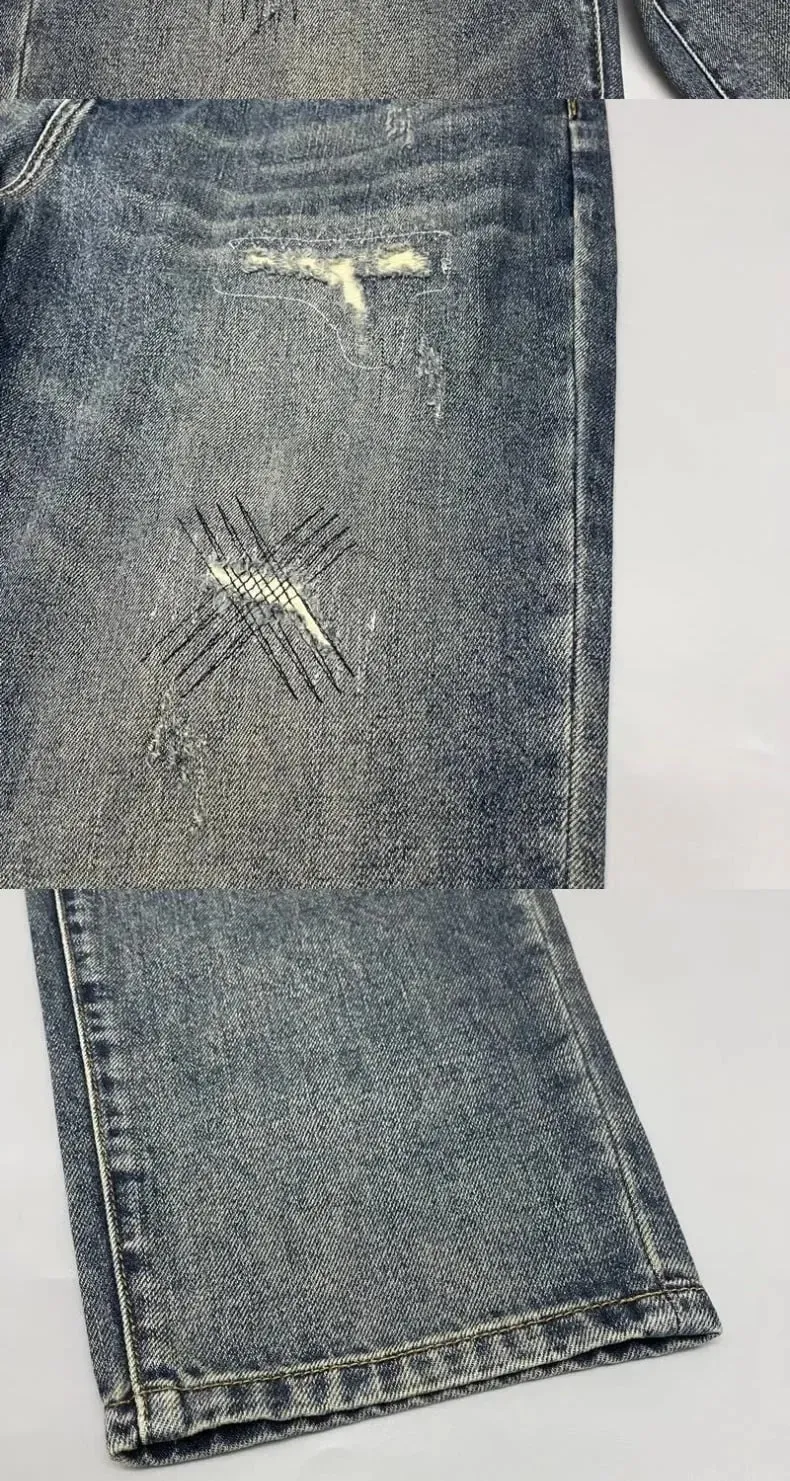 2025Heavy Duty Washed and Scraped Denim Men's Trendy High-end Embroidered Printed Loose Tapered Straight Leg Jeans — image 9
