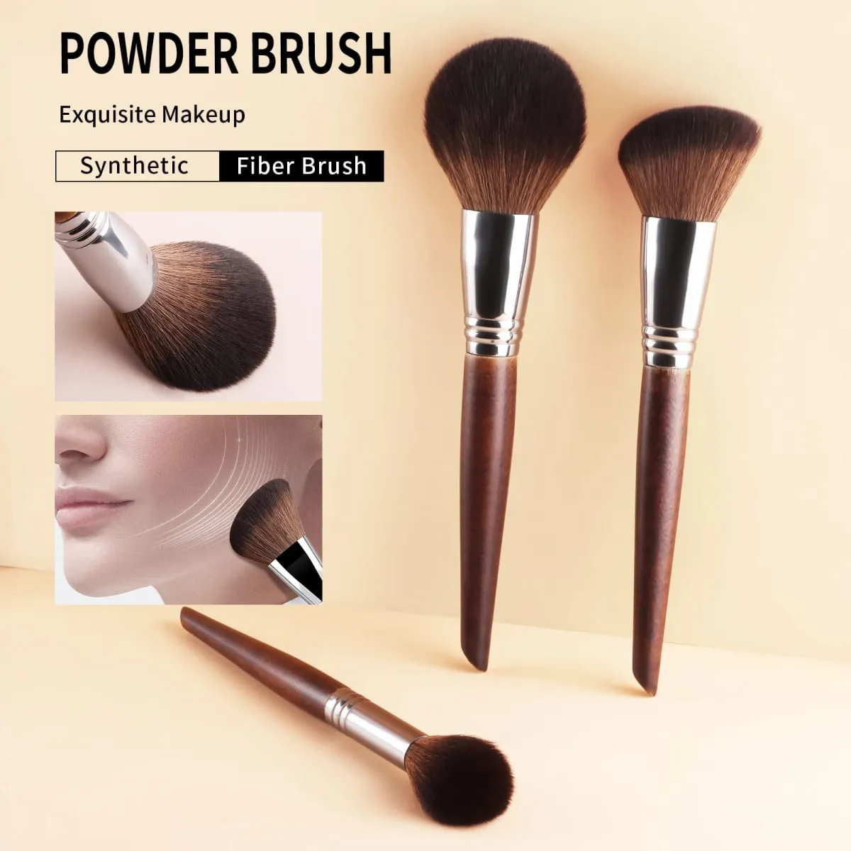 3Pcs Solid Wood Handle Powder Brush Set Round Setting Powder/Angled Contour/Flame Blush Brush Synthetic Fiber — image 1