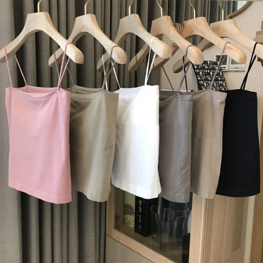 1pcs Womens Solid Thin Strap Tube Top Girls Slim Stretch Camisole Sleeveless Basic Layering Tank Vest Summer Ladies Daily Wear