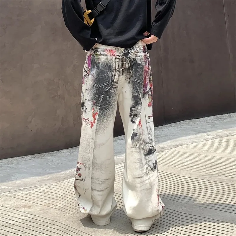 Edgy Men's Splatter Paint Jeans Black White Print Wide Leg Baggy Fit Distressed Streetwear Premium Denim Pants 9X2984 — image 5