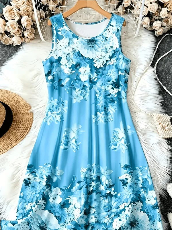 2026 Summer Women's Sleeveless Dresses Knee-Length Round-Neck Dresses Beachy Casual Dresses 3D-Printed Loose-Fitting Dresses — image 1