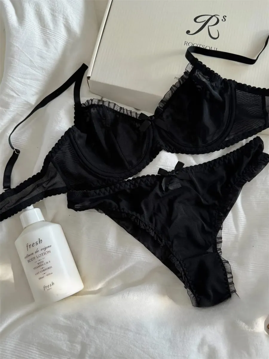 Black lace mesh lingerie feel underwear thin bra gathered up support large breasts show small bra set — image 4