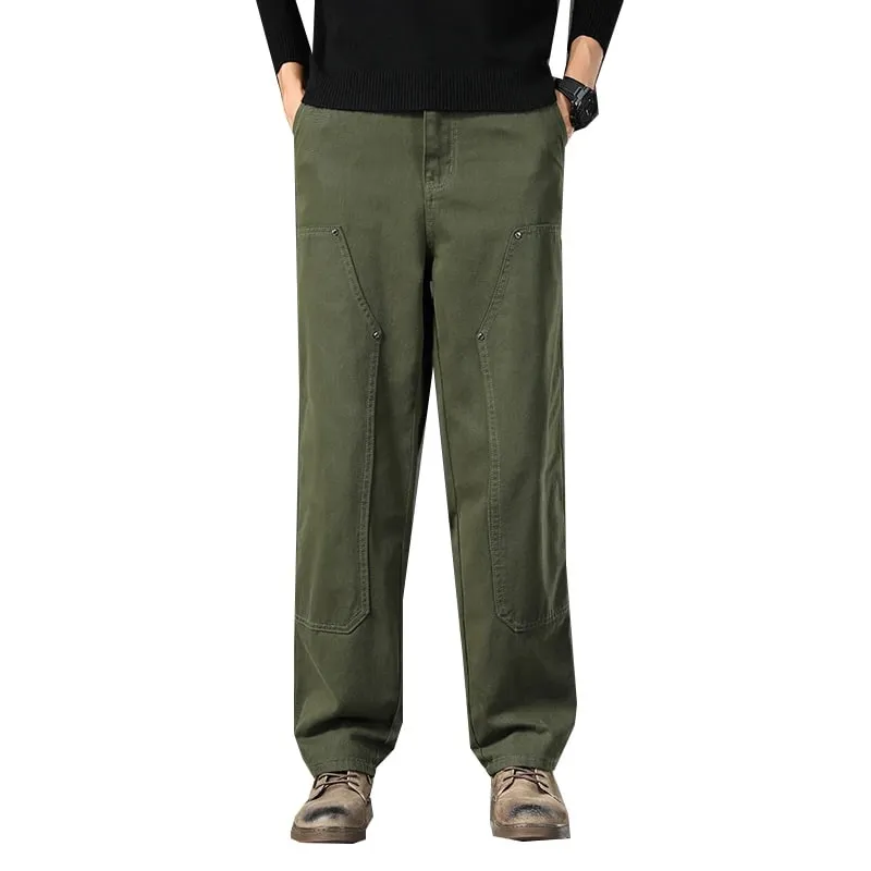 High Quality Spring New Style Straight Loose Men's Casual Pants Rivet Splicing Safari Style Cotton Trousers Army Green Jeans — image 7