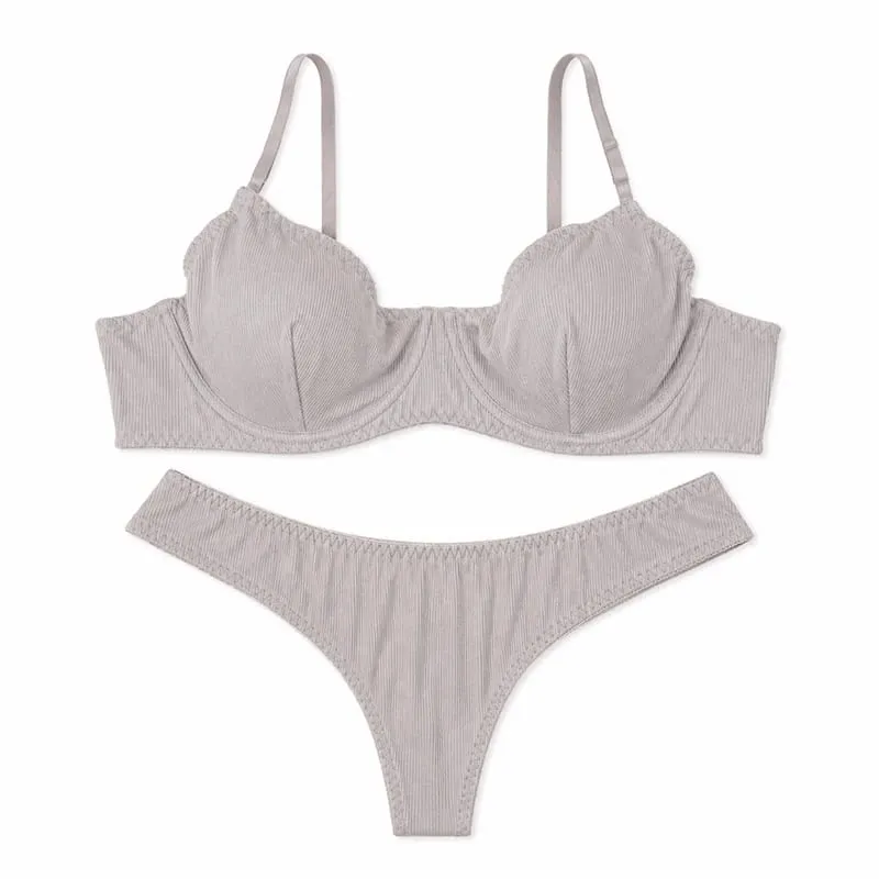 Women Solid Ribbed Lingerie Set Underwire Thin Cup Bra Matching Low Rise Thong Soft Daily Intimates — image 8