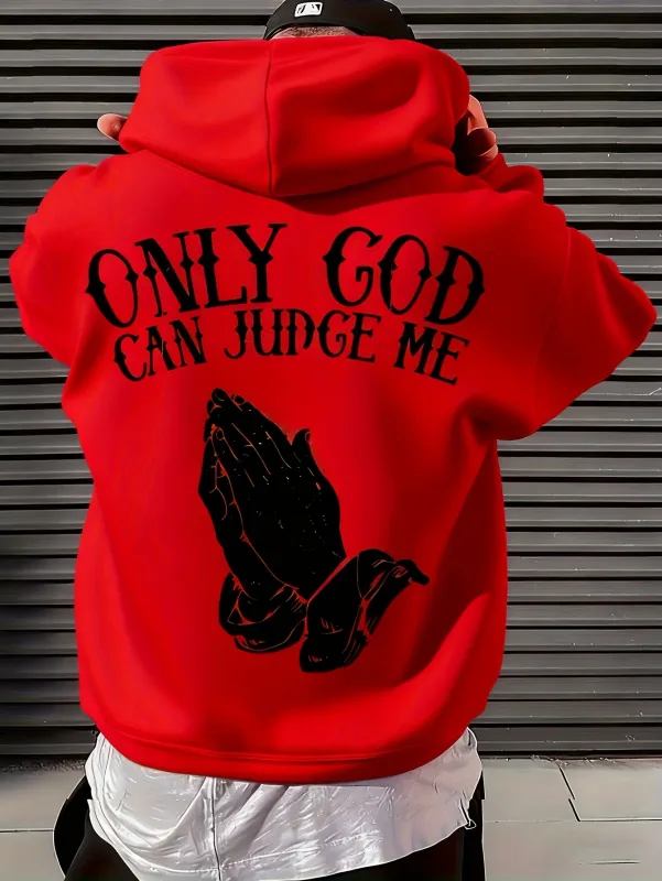 Moletom com capuz masculino "Só Deus pode me julgar" streetwear com mãos em oração pulôver gráfico inspirador para estilo casual