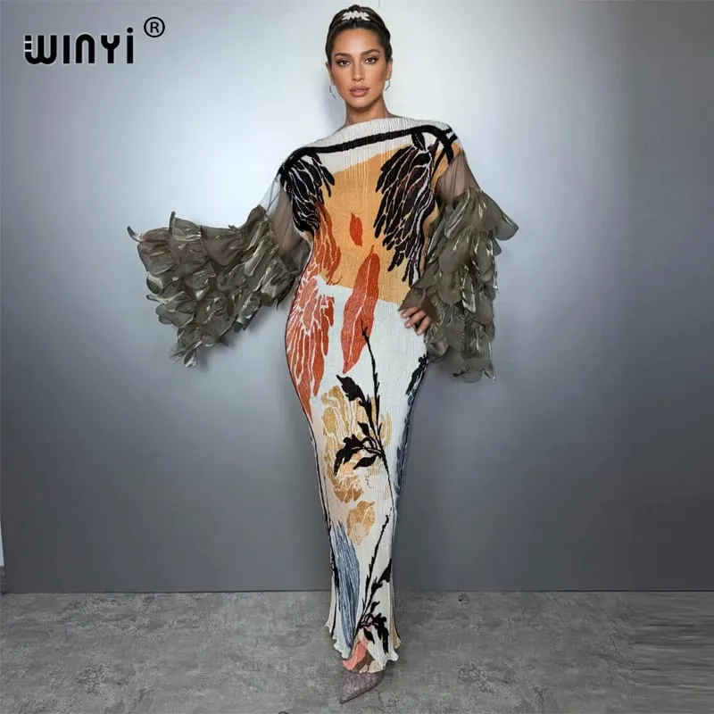 Elastic Slim Pleated Dress Beach Cover Up Boho Kaftan Abaya Dubai Luxury Party Dress Long Down Muslim Woman Evening Dress — image 2