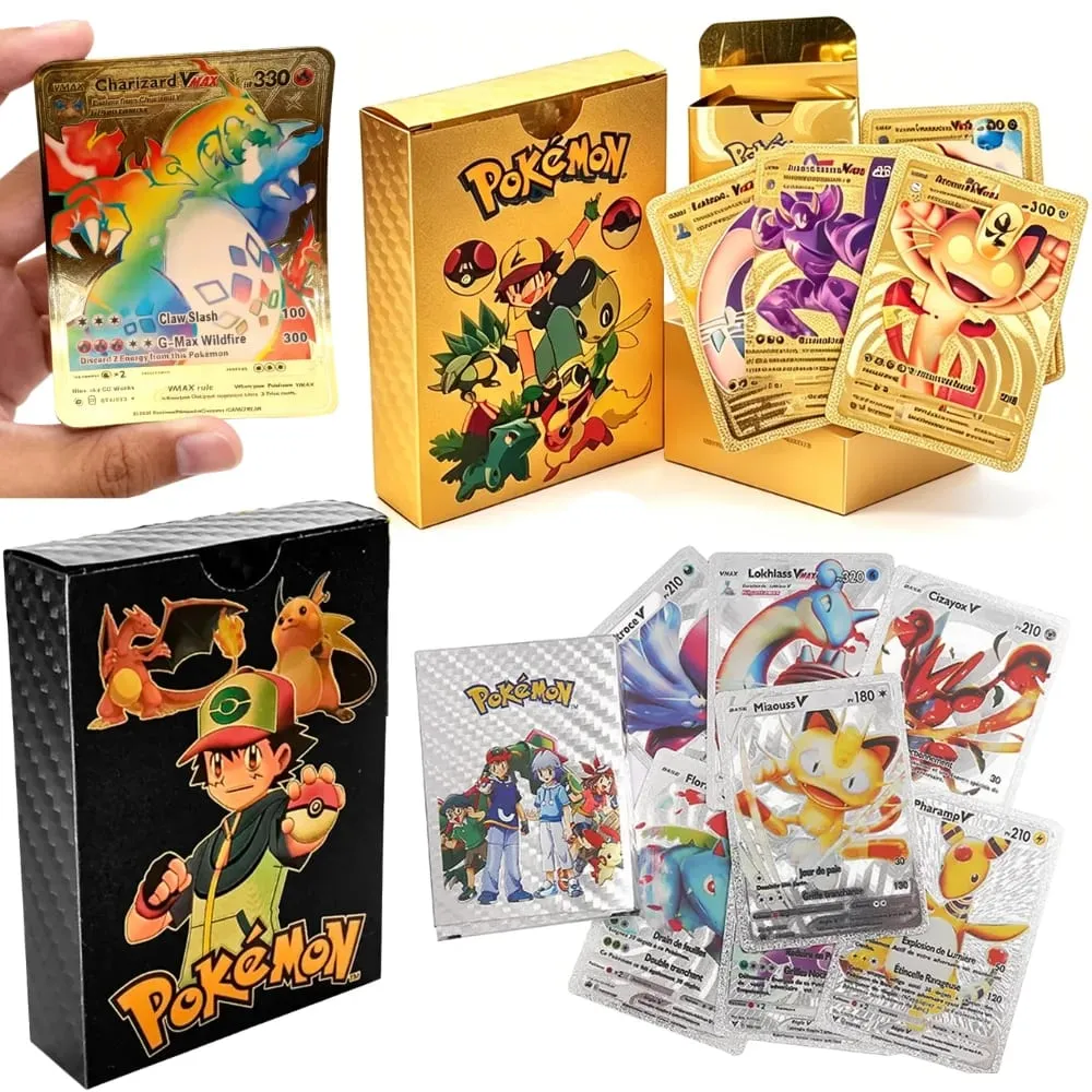 English 10-55Pcs Pokémon Gold Foil Cards Golden Letters English Game Card Charizard Vmax Gx Series Gift — image 2