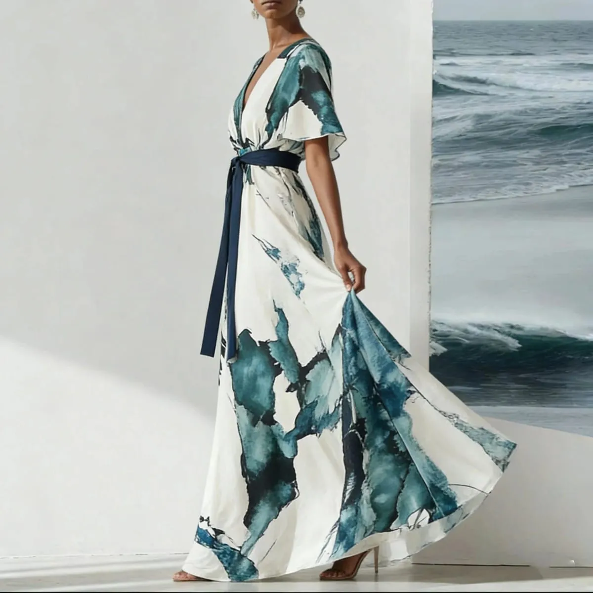Watercolor Printed Elegant Fashion Short-sleeved Maxi Dress for Women 2026 Summer V-neck Lace-up Pleated Party Dresses Female — image 2