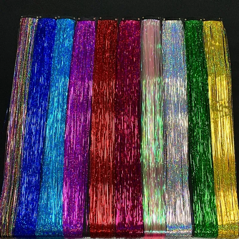 Synthetic Rainbow Tinsel Hair Extensions Clip In Shiny Glitter Wig Hairpiece for Women Party Cosplay Daily DIY Hair Accessory — image 4