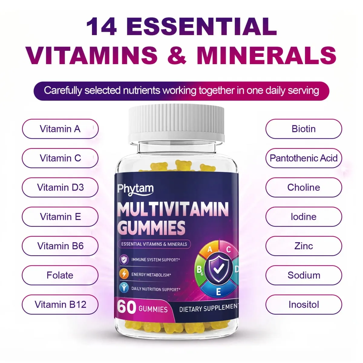 Adult Multivitamin Bear Gummies 14 in 1 Vitamins Minerals Complex Vitamin C Zinc B D Energy Metabolism Immune Daily Nutritional Support 60 Counts