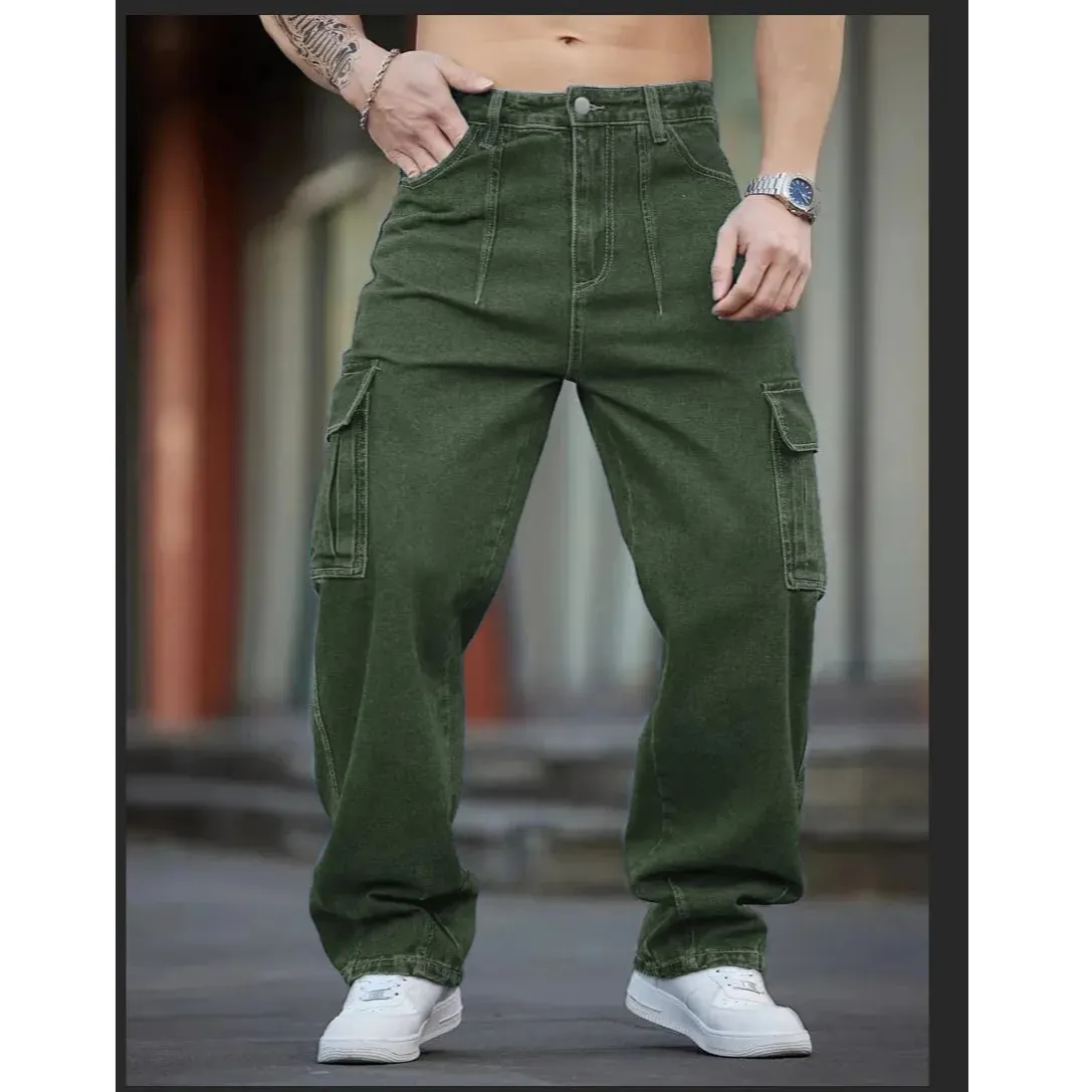 2026 New Arrival Men Cargo Jeans Multi‑Pocket Loose Wide Leg Straight Denim Pants HipHop Street Workwear Trousers — image 11