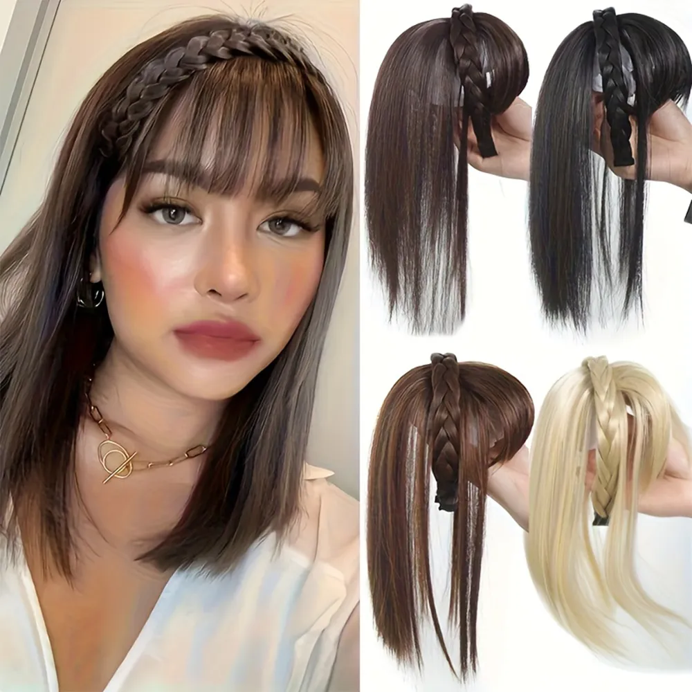 Natural Look Synthetic Straight Hair Extensions - Chic Braided Headband with Clip-In Hair Topper & Bangs for Women — image 1