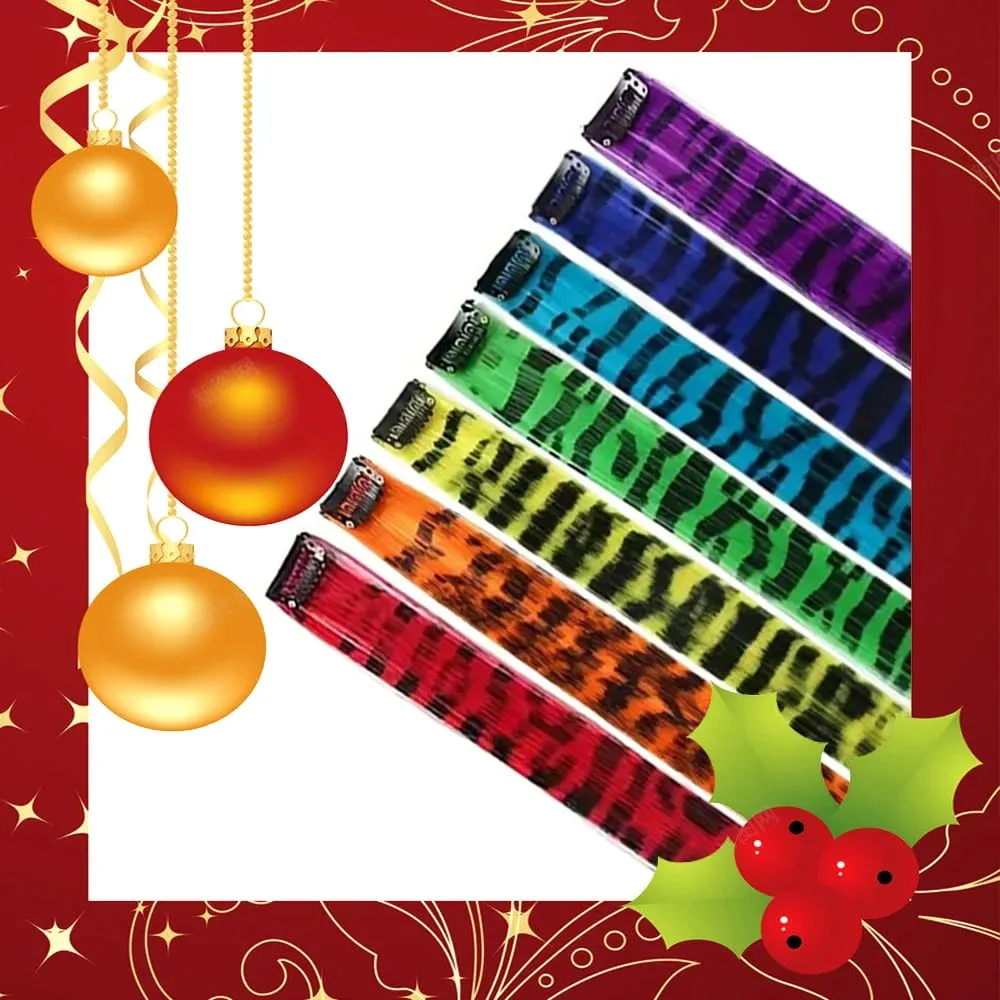 18' 7 Pcs Rainbow Long Straight Zebra Print Synthetic Feather Clip in Hair Extensions for Women Ideal Halloween Christmas